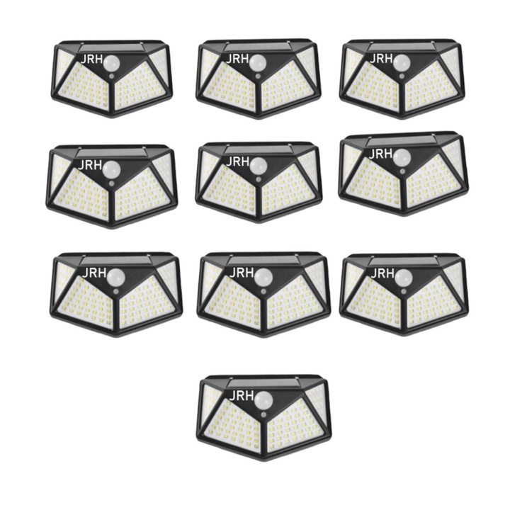 10 napelemes lámpa készlet, alkonyat-, mozgás- és fényérzékelőkkel, 3 világítási fokozattal, 100 x LED, JRH®