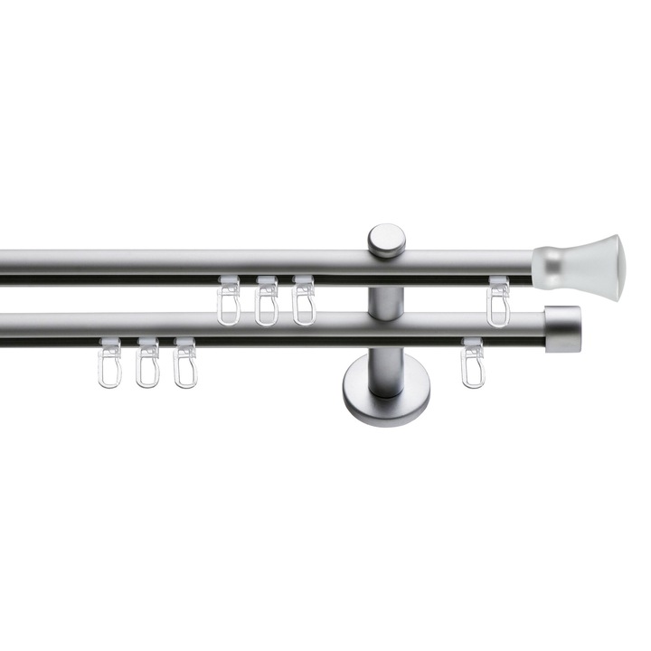 Set galerie metalica Conic, dubla, tip profil, nichel satinat, Ø 16 mm, 160 cm, accesorii incluse