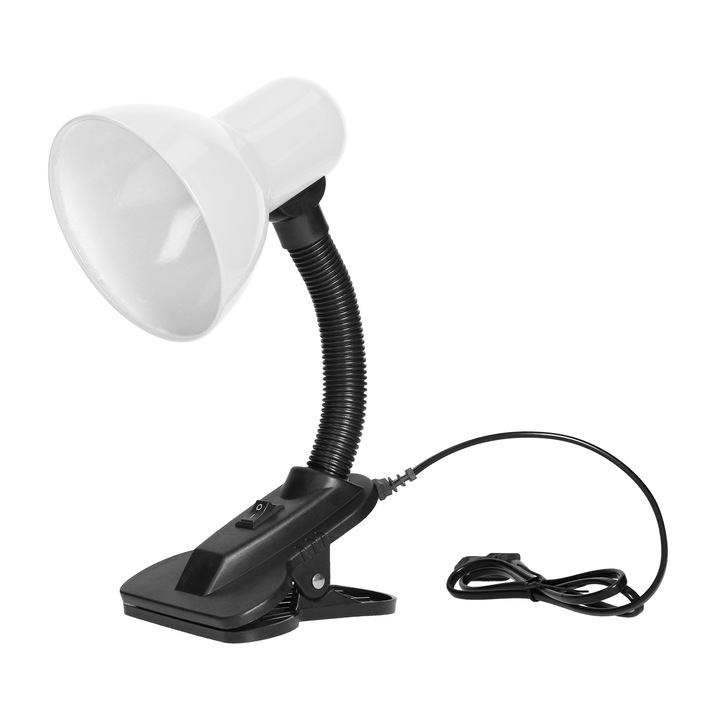 Lampa de birou VIRONE LATSA DL-3/W, E27, 40 W, IP20, brat flexibil cu clema, cablu 1 m, negru/alb