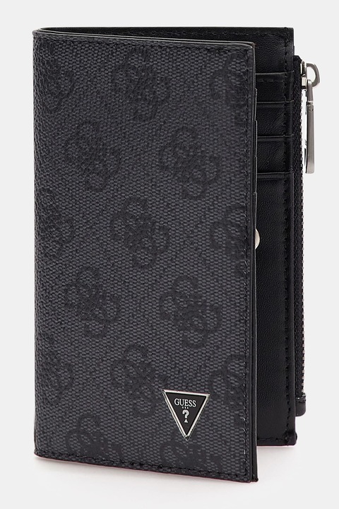 Портфейл с лого шарка с метален детайл Guess Vezzola, матово черно