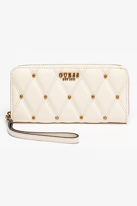 Guess, Екологичен кожен портфейл с цип и апликации Triana, бял цвят на слонова кост