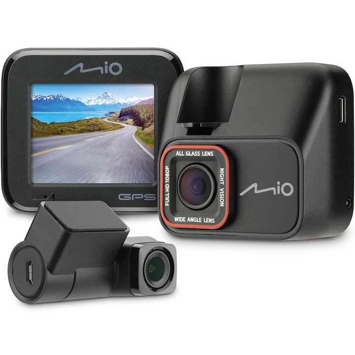 Camera video auto duala Mio MiVue C588T, Senzor Sony Starvis CMOS, Full HD, Alerta radar fix, Negru