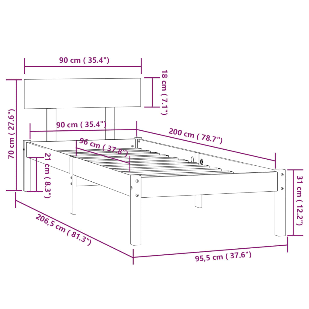 Cadru De Pat Pentru Adulti 90x200 Cm Lemn Masiv De Pin Include Somiera Dormit 2587 Emagro 