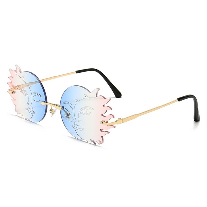 Ochelari de soare, lentile cu model in forma de luna si soare, tenta de albastru si roz, UV400, Tessero, auriu
