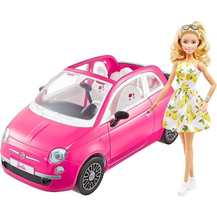 Papusa cu masinuta, Mattel, Barbie cu masina Fiat 500, multicolor