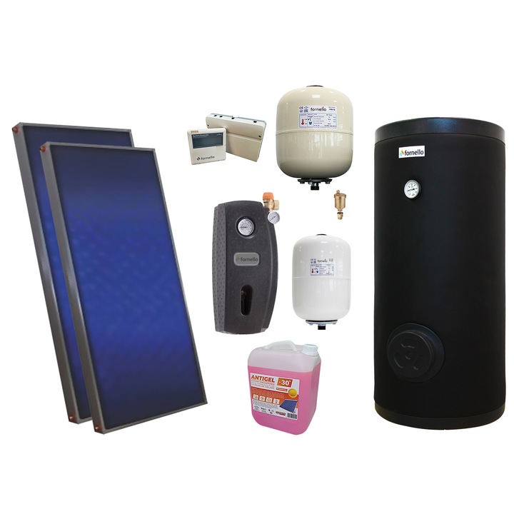 Pachet solar premium, presurizat, 2x panou plan Sunsystem PК SL FP 2.0, Boiler cu 2 serpentine Fornello SOL 200 LT 2S, controller, vas expansiune solar, vas expansiune sanitar, grup pompare Fornello (pompa OHI), aerisitor 1/2, antigel