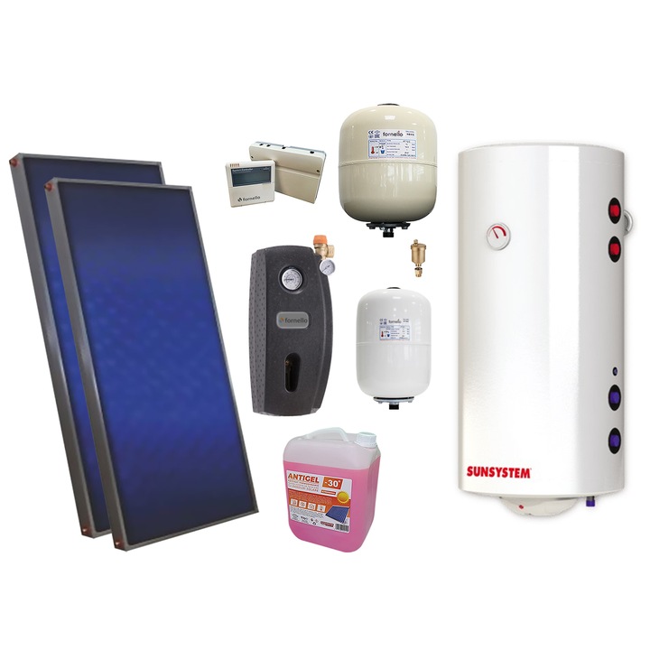 Pachet solar premium, presurizat, 2x panou plan Sunsystem PК SL FP 2.0, Boiler cu 2 serpentine Sunsystem BB NL2 150 PRL 2S, controller, vas expansiune solar, vas expansiune sanitar, grup pompare Fornello (pompa OHI), aerisitor, antigel