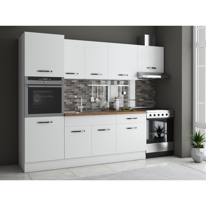 Bucatarie CB Furniture Sofia 260 cm, alb, blat termic nuc, corp cuptor incorporabil