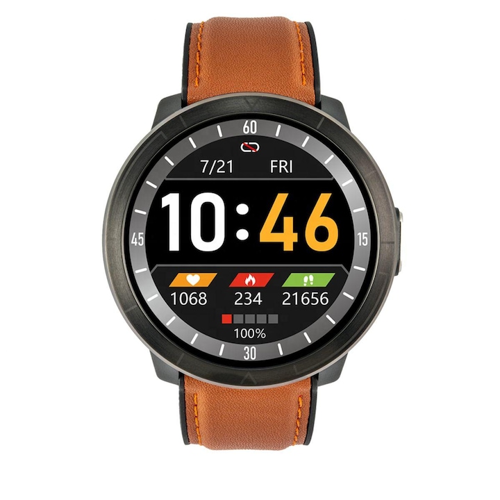 Мъжки смарт часовник Watchmark WM18, 1.3 инча, Кожа, Кафяв