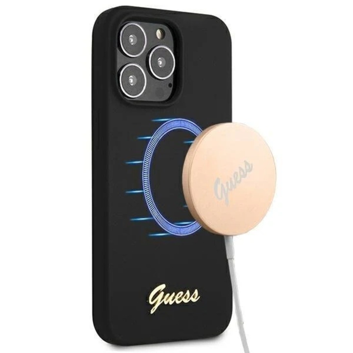 Husa Guess GUHMP13LLSLMGBK compatibila cu iPhone 13 Pro, Silicone Script Gold Logo Magsafe, Negru