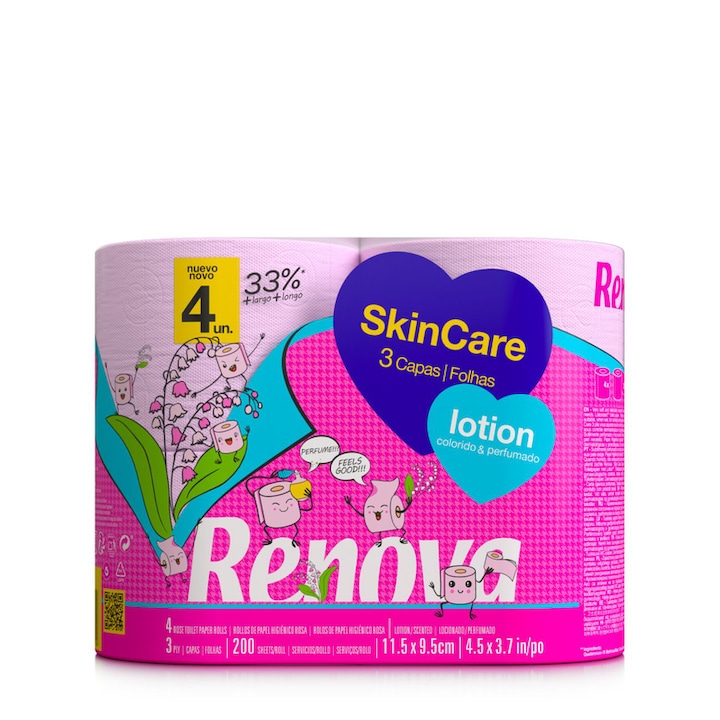 Renova SkinCare Lotion WC-papír, 3 réteg, 4 tekercs, rózsaszín