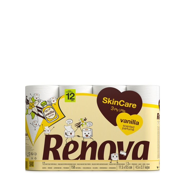 Set 12 role hartie igienica Renova, Skin Care, Vanilie, 3 Straturi, Alb