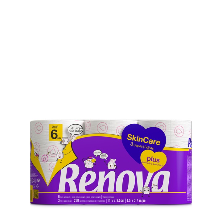 Renova SkinCare Plus WC-papír, 3 réteg, 6 tekercs, fehér