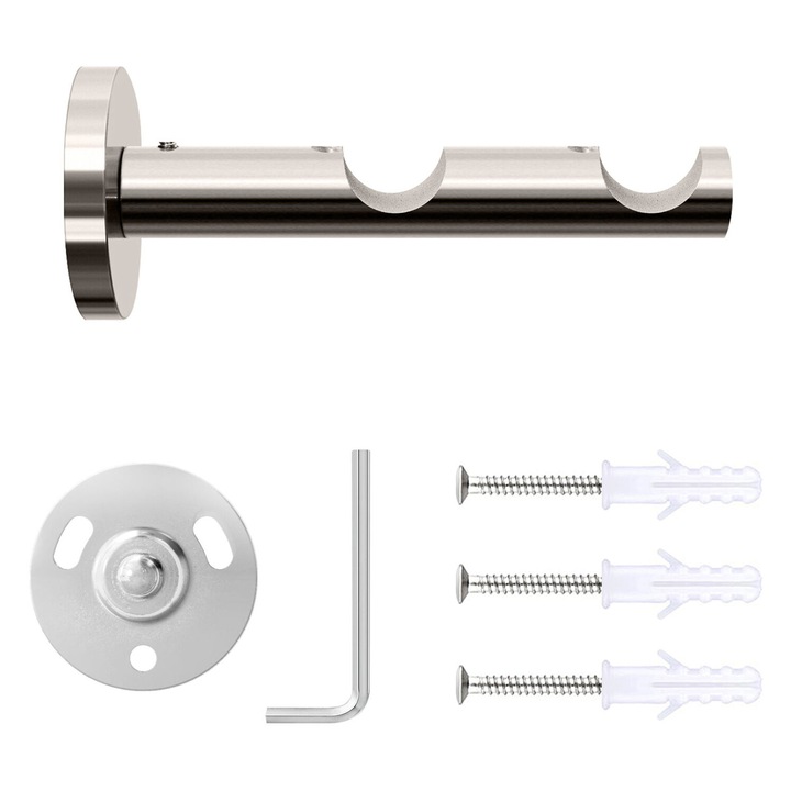 Set galerie metalica Cilindru striat, dubla, tip profil, nichel, Ø 19 mm, 480 cm - 6 x 160 cm cu element de legatura, accesorii incluse