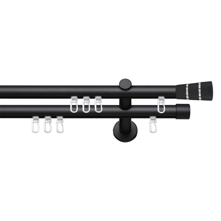 Set galerie metalica Con Briliant, dubla, tip profil, negru, Ø 19 mm, 100 cm, accesorii incluse