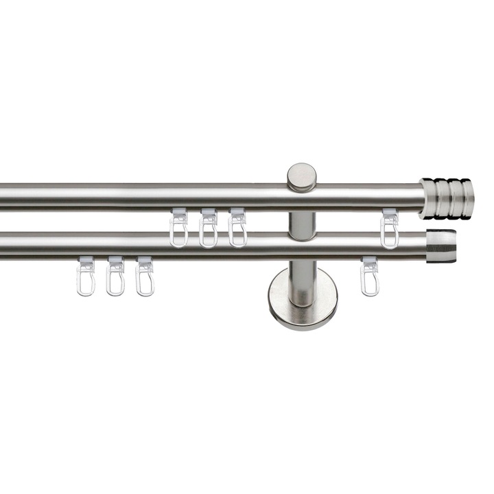 Set galerie metalica Cilindru striat, dubla, tip profil, nichel, Ø 19 mm, 480 cm - 6 x 160 cm cu element de legatura, accesorii incluse