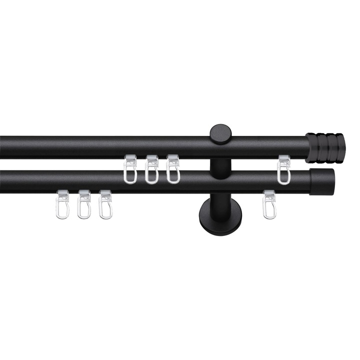 Set galerie metalica Cilindru striat, dubla, tip profil, negru, Ø 19 mm, 320 cm - 4 x 160 cm cu element de legatura, accesorii incluse