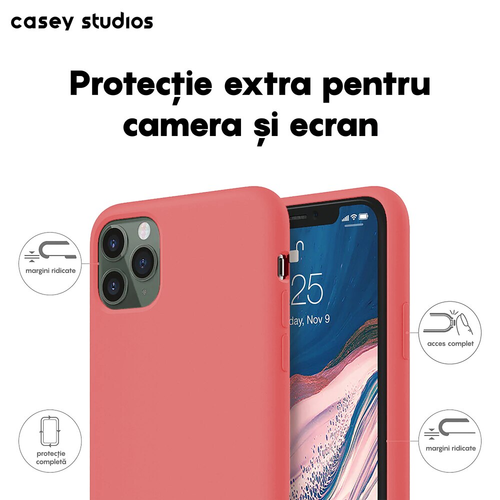 Husa CASEY STUDIOS™ pentru Apple iPhone 11 Pro, Soft Silicone Premium, Microfibra in Interior, Roz, de Protectie, Ultra Slim, pentru Incarcare Wireless, Margini Ridicate pentru Protectia Ecranului si a Camerelor