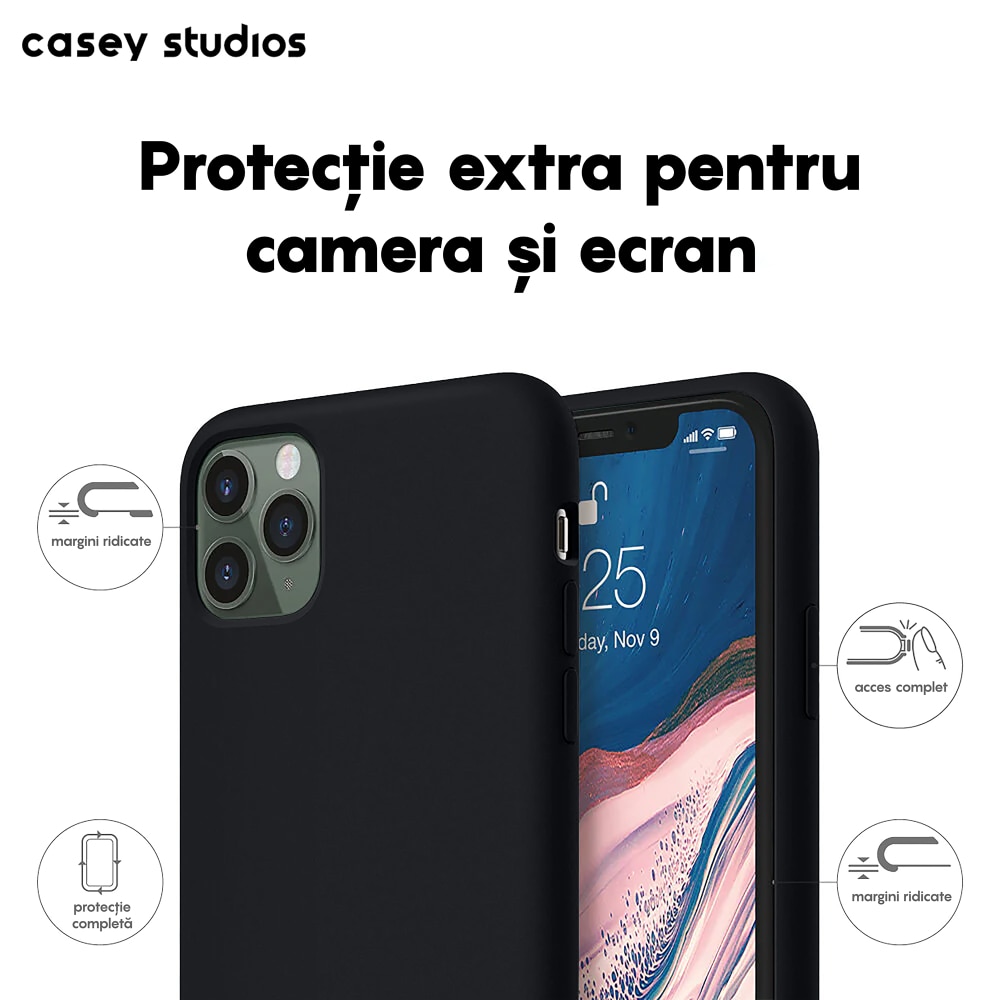 Husa CASEY STUDIOS™ pentru Apple iPhone 11 Pro, Soft Silicone Premium, Microfibra in Interior, Negru, de Protectie, Ultra Slim, pentru Incarcare Wireless, Margini Ridicate pentru Protectia Ecranului si a Camerelor