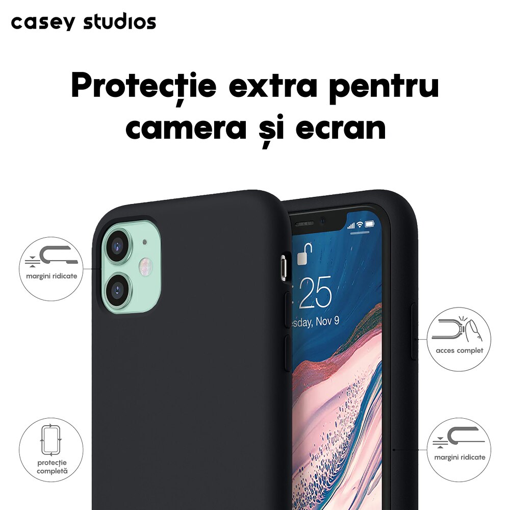 Husa CASEY STUDIOS™ pentru Apple iPhone 11, Soft Silicone Premium, Microfibra in Interior, Negru, de Protectie, Ultra Slim, pentru Incarcare Wireless, Margini Ridicate pentru Protectia Ecranului si a Camerelor