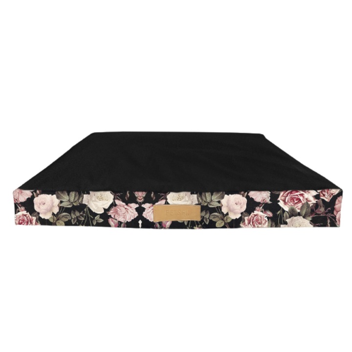 Saltea pentru caini mari si mijlocii, model negru, trandafir, 66x90 cm