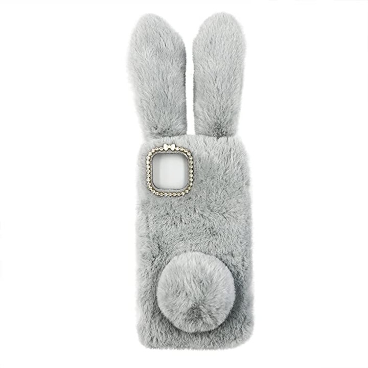Husa Fluffy Bunny compatibila cu Samsung Galaxy A22 5G, in forma de iepuras pufos, cu urechiuse si codita, blanita artificiala, Gri
