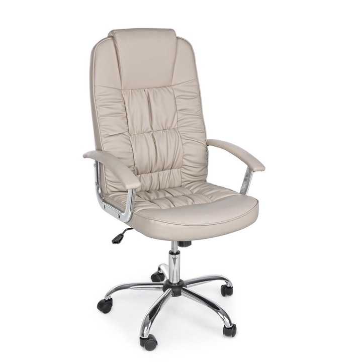 Irodai szék, ergonomikus, ezüst króm lábakkal és bézs ökológiai bőr kárpittal, Dehli, 51 x 59 x 115 cm