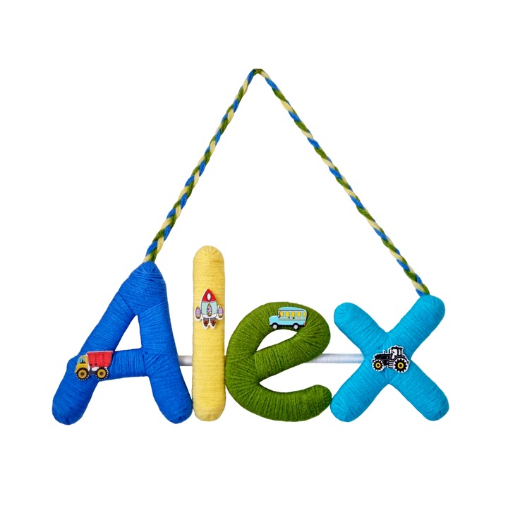 Ръчно изработена декорация за детската стая, с персонализирано име Алекс, 30х13 см, многоцветна