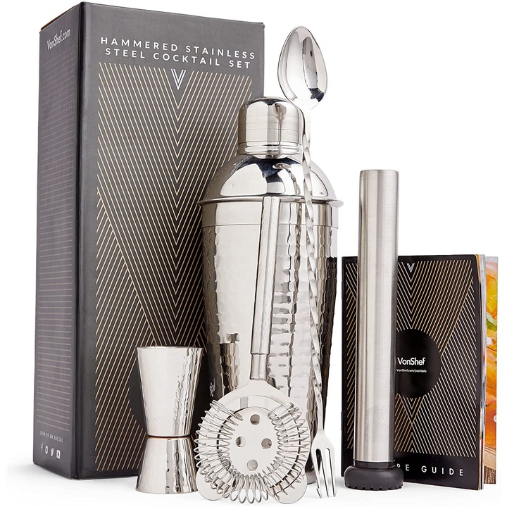 Set cocktail cu finisaj lucrat cu ciocanul VonShef 1000359, din otel inoxidabil, 5 piese, shaker de 750ml, carte de retete