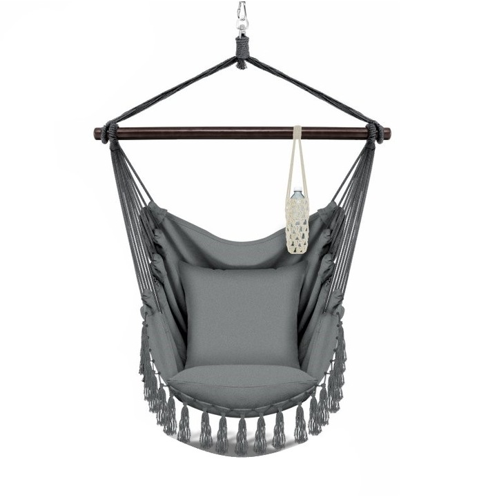 Scaun suspendat tip leagan/balansoar, interior/exterior, capacitate 150 kg, buzunar interior, suport bautura, 2 perne, husa transport, rotativ 360°, gri