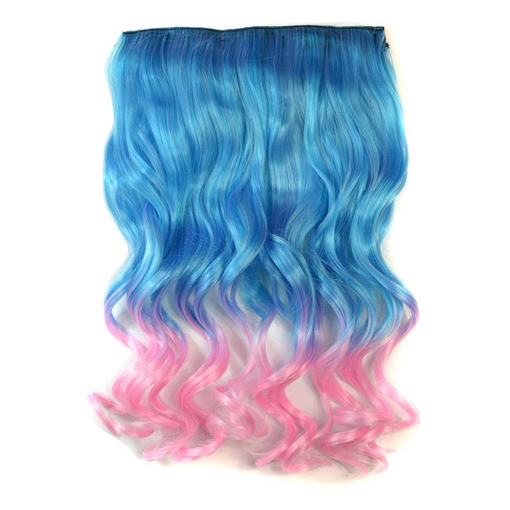 Extensii de par sintetic, ASKSA, clip de curling lung cu gradient de culoare, lungime 45 cm, Albastru/Roz