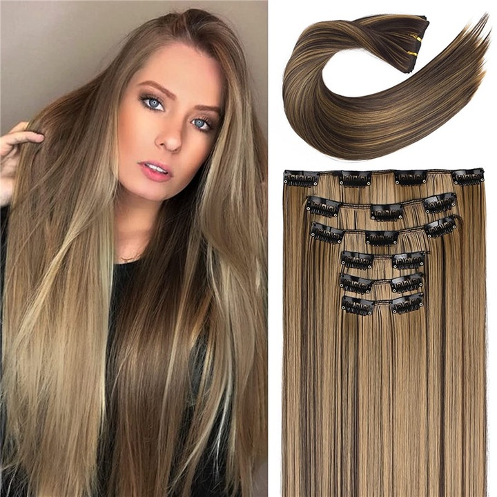 Set 6 buc extensii sintetice de par, ASKSA, drept lung, Lungime 60 cm, Maro