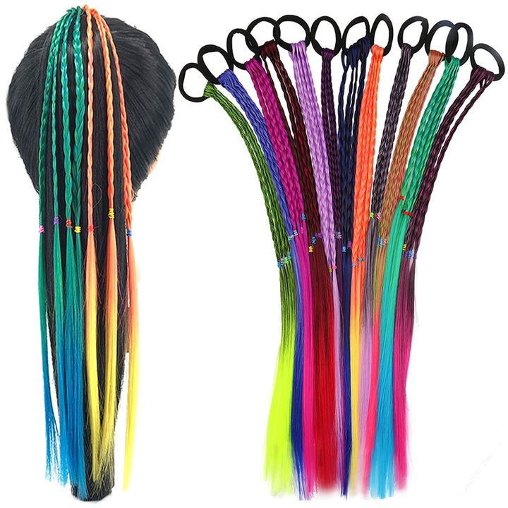 Set 12 buc Impletituri colorate extensie par sintetic pentru impletituri, ASKSA, pentru femei si fete, 45 cm, Multicolor