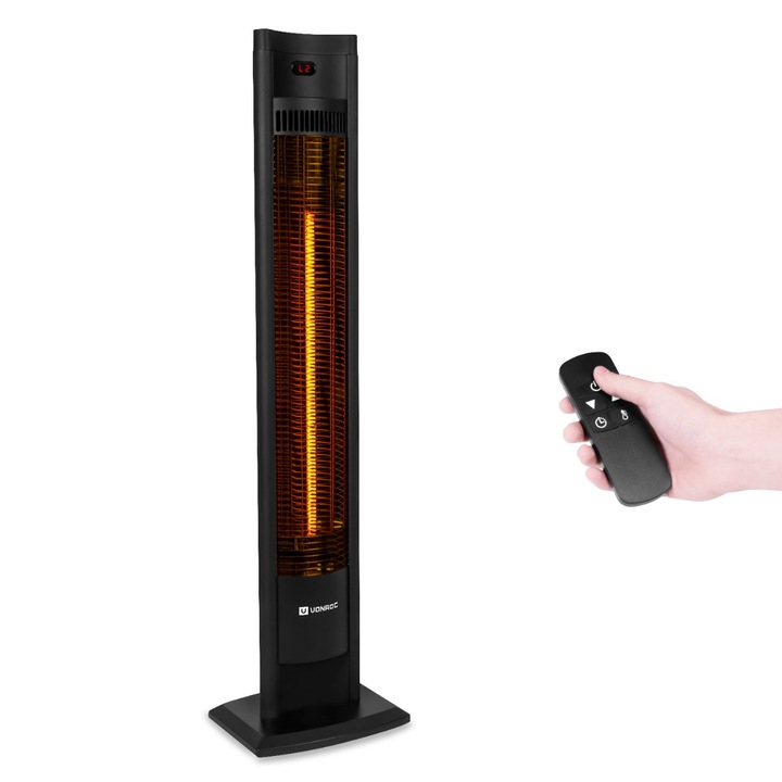 Incalzitor de terasa, VONROC, PH516AC, putere 2000W, aria incalzita 6 – 8m², inaltime 107cm, element din carbon, protectie IP44, telecomanda si temporizator, doua trepte de incalzire, negru, greutate 6kg