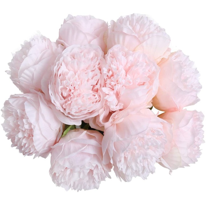Set 10 flori artificiale, Plastic, Model bujori, 32x10 cm, Roz deschis