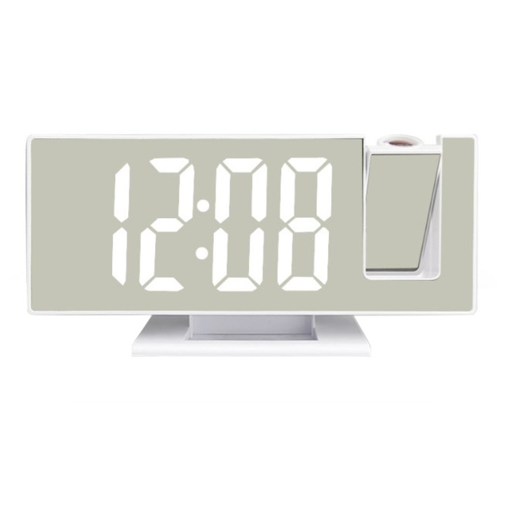 Buz Többfunkciós óra LED-del és kivetítővel, tükör stílusú, digitális ébresztő, LCD hőmérséklet kijelző, irodai használatra, éjszakai és nappali üzemmód, fehér