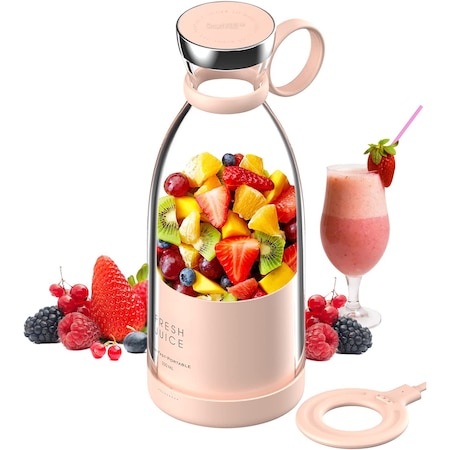 Mini Blender Electric, MixUP SmartVIBE™, Incarcare Wireless, Portabil/Compact, Multifunctional, Auto-curatare, Autonomie Mare, Capacitate 350ml, 4 Lame 3D, Putere 20.000 rpm, Love Pink