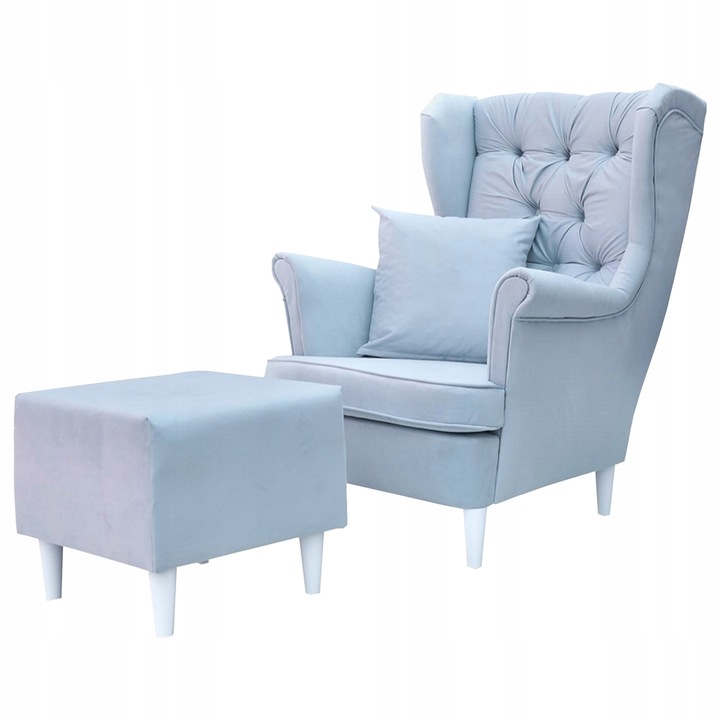 Fotoliu cu suport picioare Gaja Family Meble, Model Amore, 104x84x92 cm, Catifea/Lemn fag, Albastru deschis