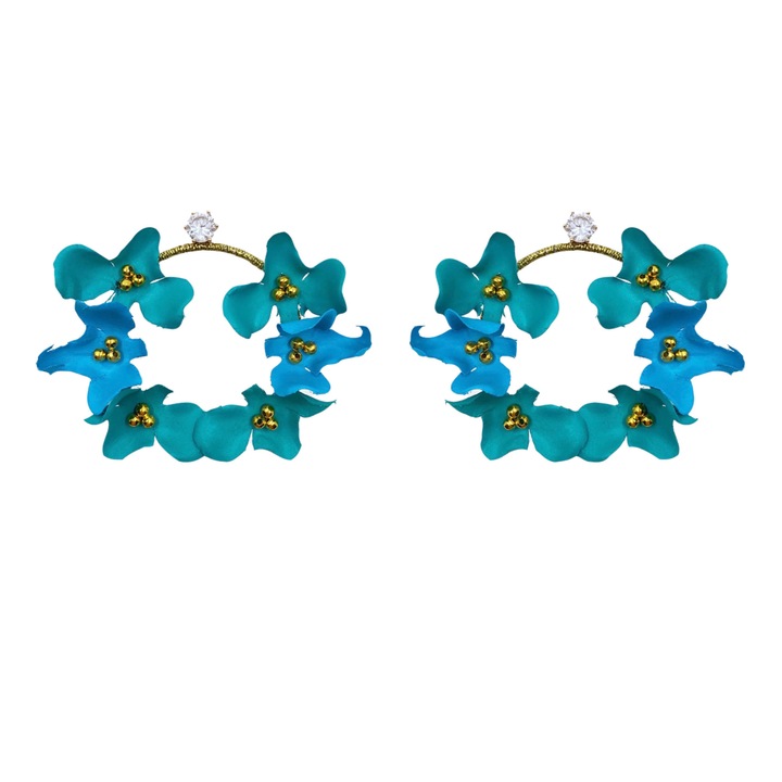 Cercei Rotunzi Flori, Nymphaea Jewelry, zirconiu, turcoaz, 8 cm