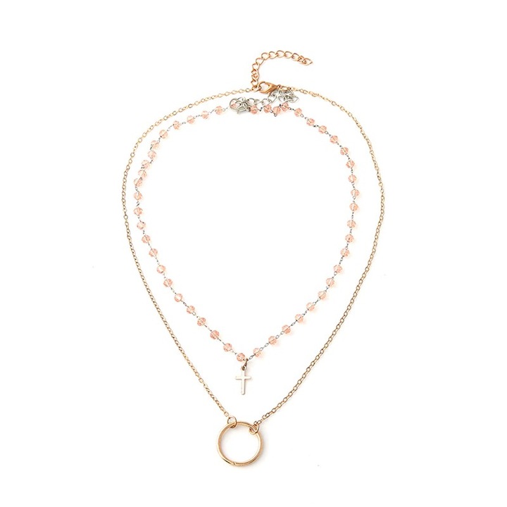 Set 2 coliere, auriu si argintiu, cu margelute roz, Florence C26, Pursehuit