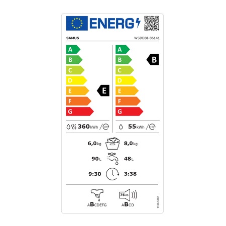 Masina de spalat rufe cu uscator incorporabila Samus WSDDBI-86141, 8 kg Spalare,6 kg Uscare, 1400 RPM, Clasa energetica B, Afisaj LCD, 16 programe, Program Jeans/Sport/Eco/Rapid, Control antispuma, Alb
