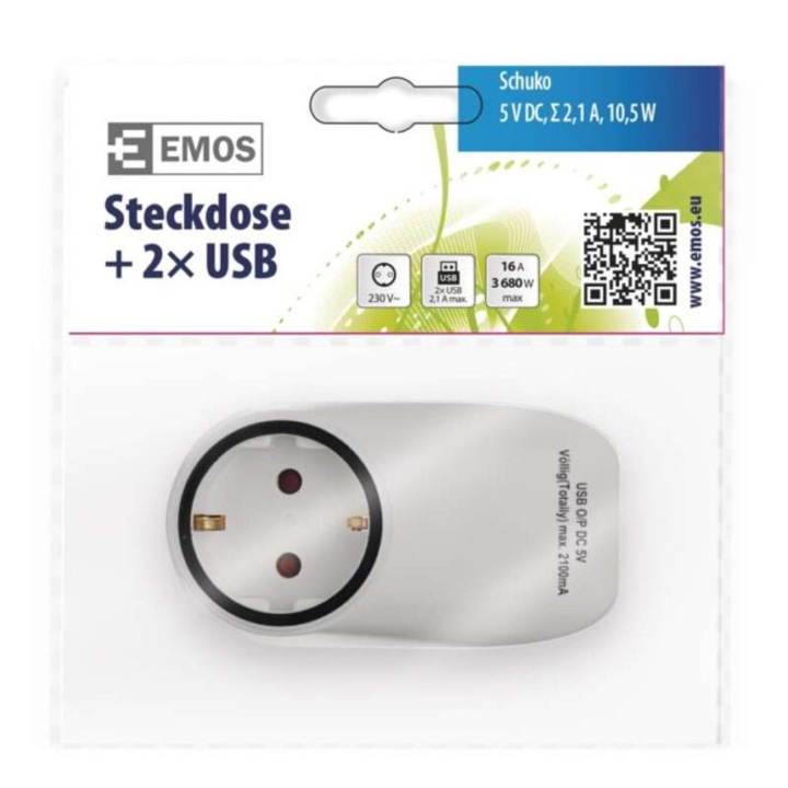 Шуко контакт с два изхода, Emos, 230V – 5V/2.1A