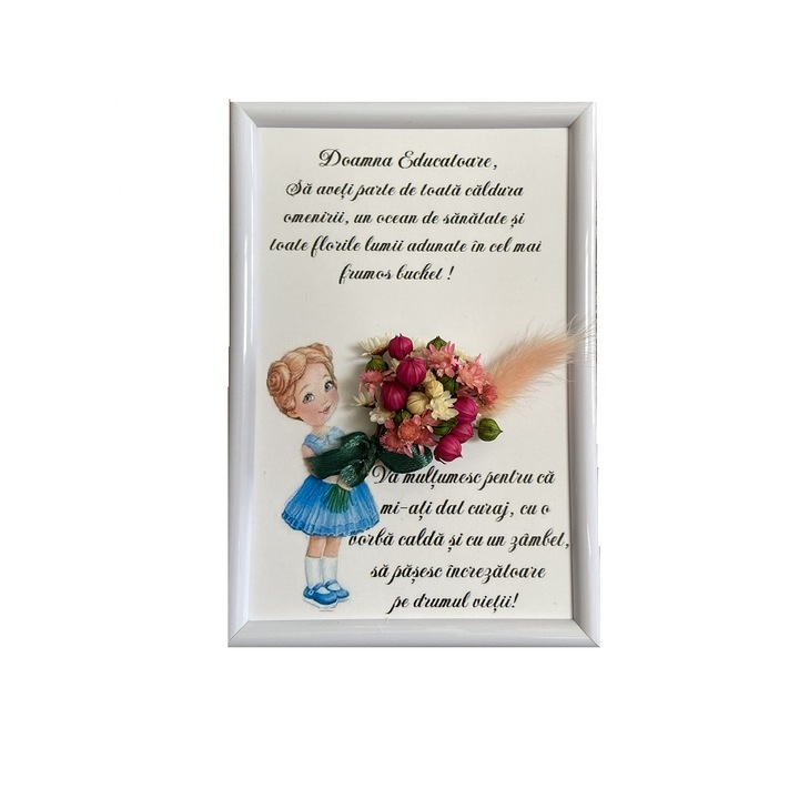Tablou pentru educatoare, cu fetita, 10x15 cm, plastic, cu flori uscate