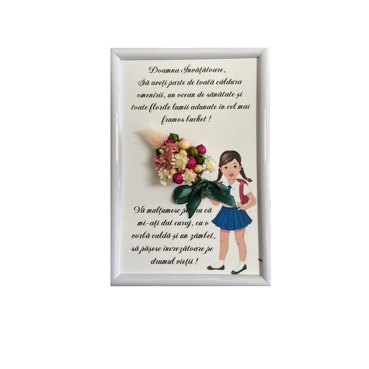 Tablou pentru invatatoare, cu fetita, 10x15 cm, rama plastic, cu flori uscate