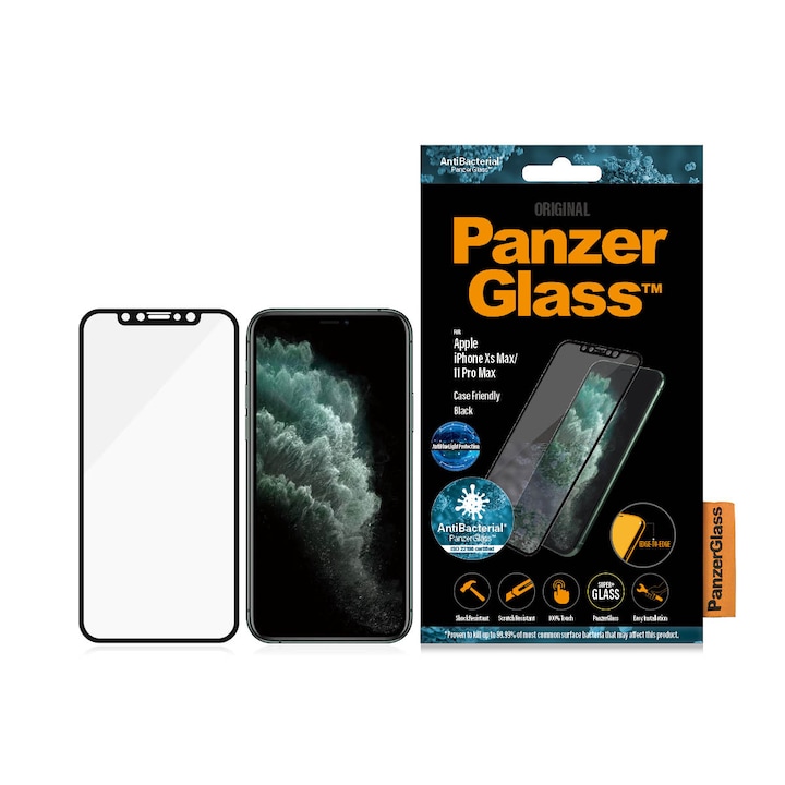Стъклен протектор PanzerGlass за Apple Iphone Xs Max/11 Pro Max, AntiBlueLight, AntiBacterial, CaseFriendly, Black