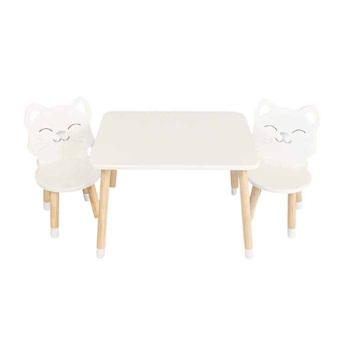 Set masa cu 2 scaune pentru copii, DEKORMANDA, Model Pisicuta zambareata, 65 x 50 x 46 cm, Alb