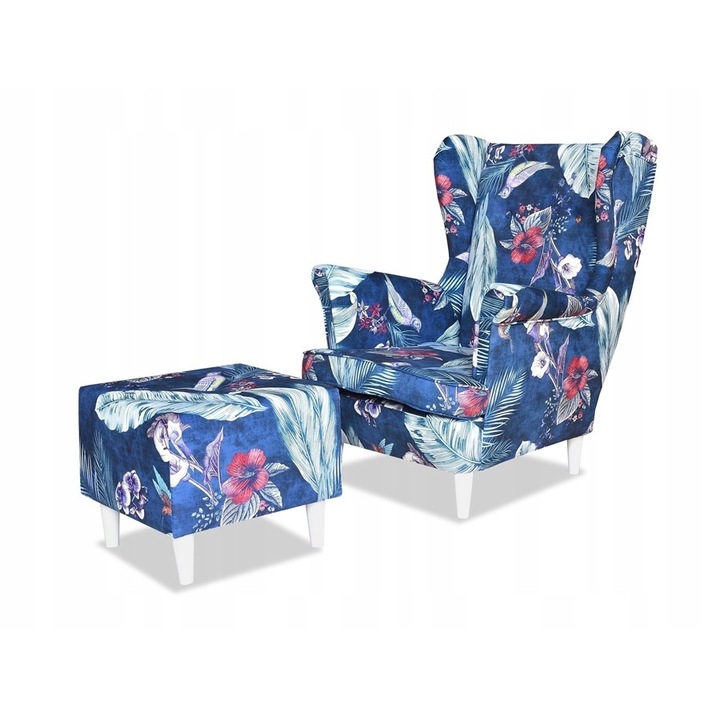 Fotoliu cu suport picioare Ari Family Meble, Model floral, 104x84x92 cm, Catifea/Lemn, Multicolor