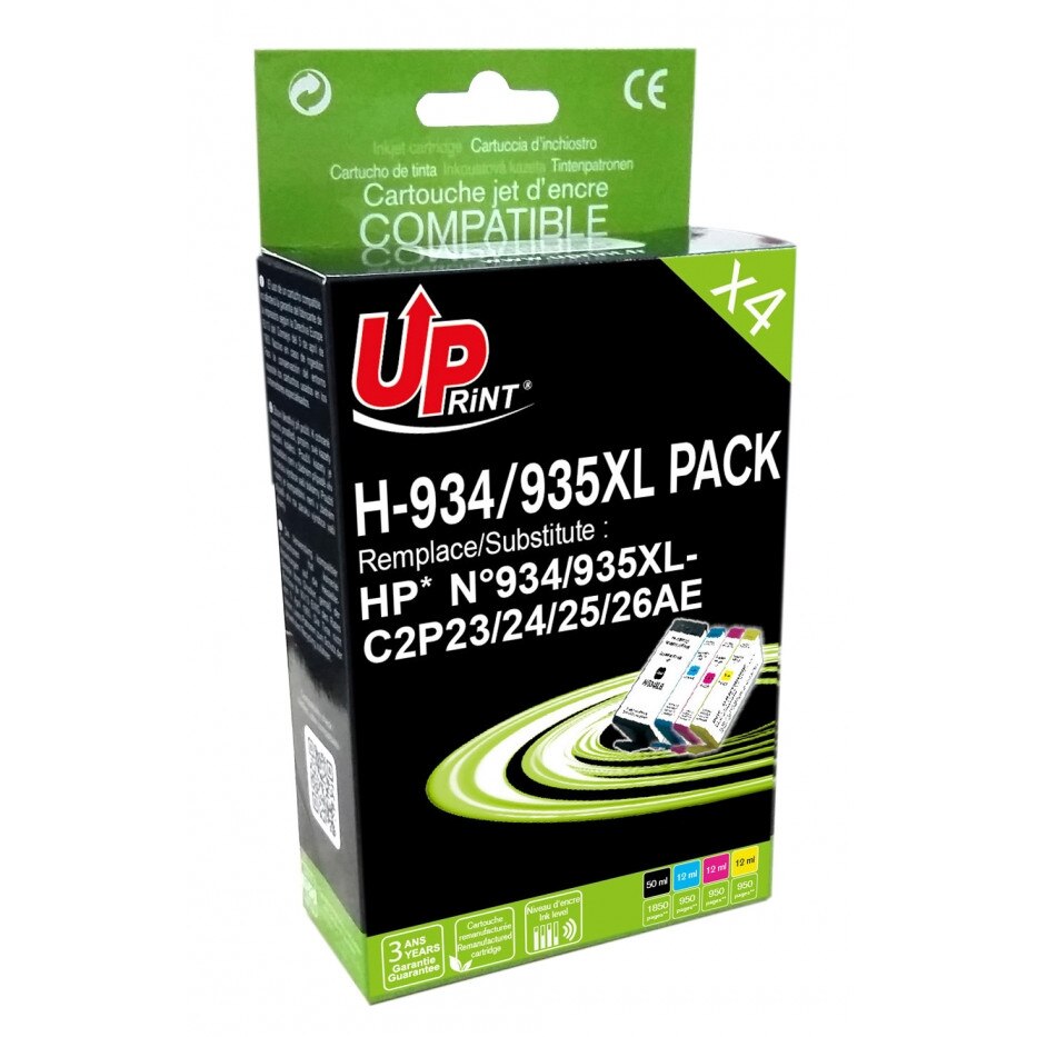 Set cartuse cerneala UPRINT HJ934XLUPP4 Negru/Cyan/Magenta/Galben, BK: 50ml, CMY: 3 x 12ml, compatibil C2P23AE/C2P24AE/C2P25AE/C2P26AE