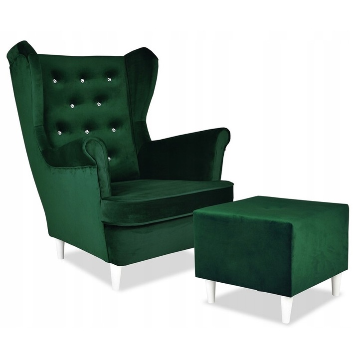 Fotoliu cu suport picioare Diana, Family Meble, Model Royal, 104x84x92 cm, Catifea/Lemn/Cristale Swarosvki, Verde smarald