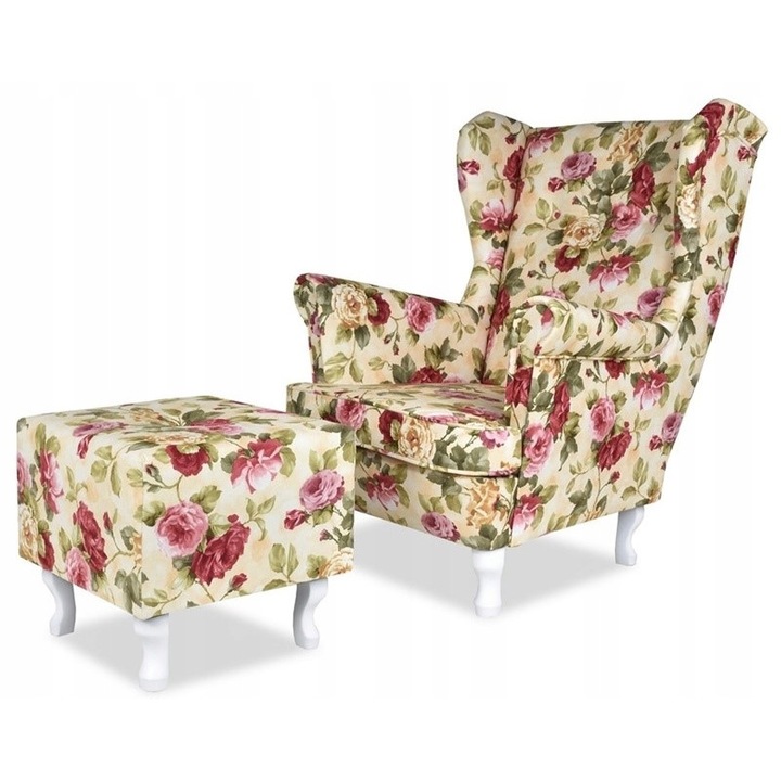 Fotoliu cu suport picioare, Ari, Family Meble Model Rose, 104x84x92 cm, Catifea/Lemn, Multicolor